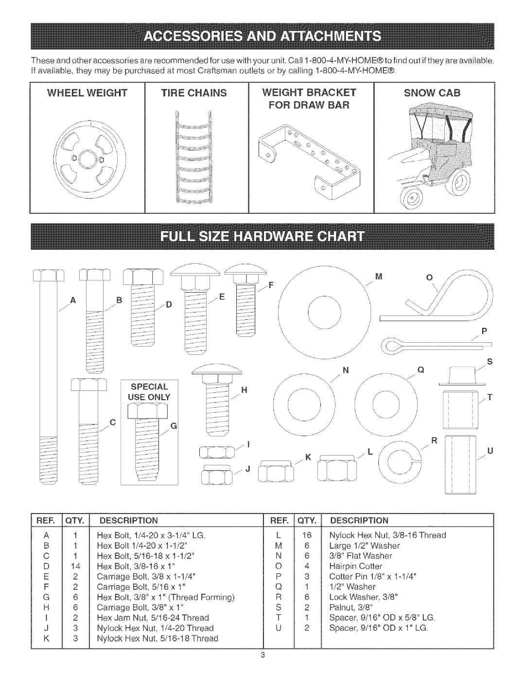 Craftsman 486.24441 operating instructions TiRE CHAINS, Weight Bracket, Snow Cab, For Draw Bar 