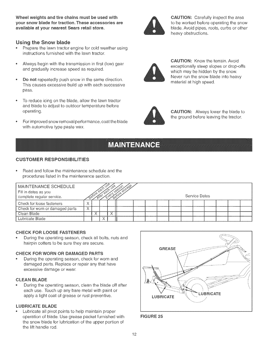 Craftsman 486.24441 operating instructions Check for Loose Fasteners, Check for Worn or Damaged Parts, Clean Blade 