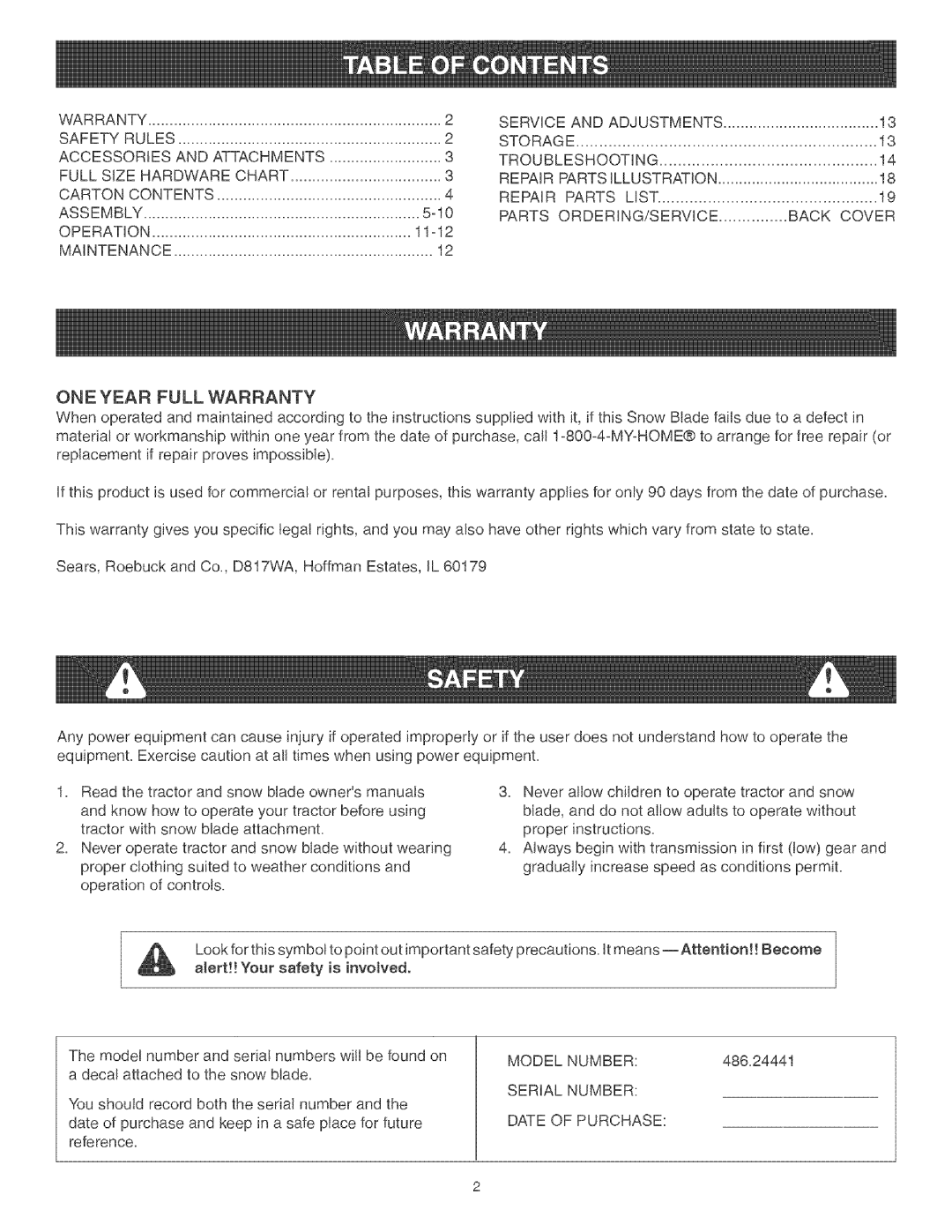 Craftsman 486.24441 operating instructions ONE Year Full Warranty 