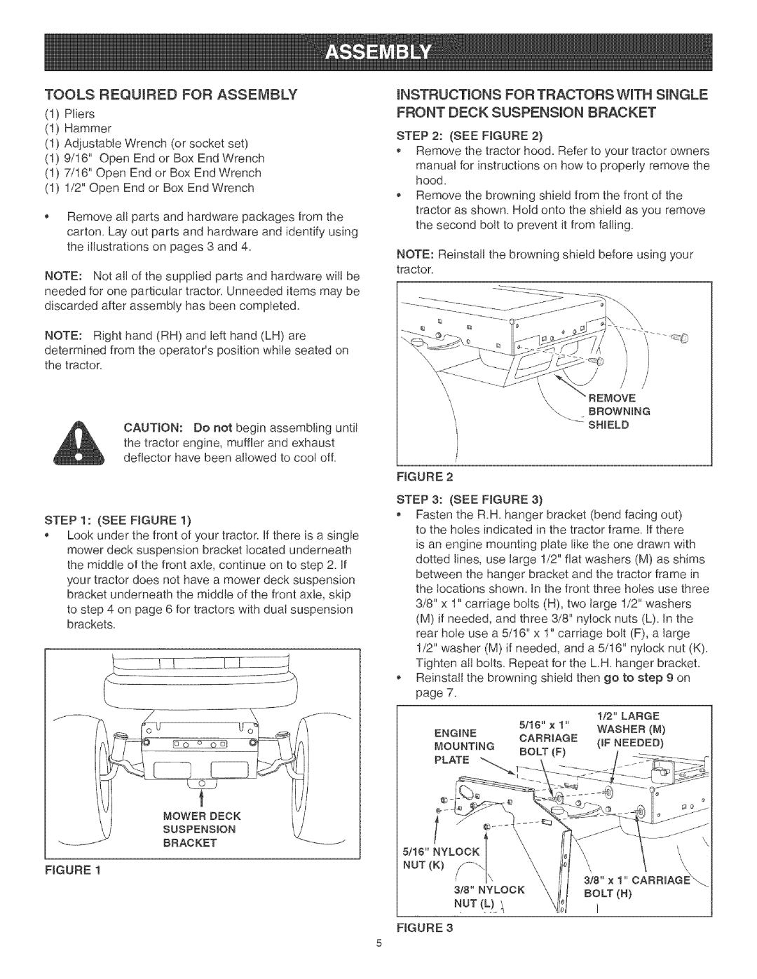 Craftsman 486.24441 Instructions for Tractors WroTHSINGLE, Front Deck Suspension Bracket, Tools Required for Assembly 