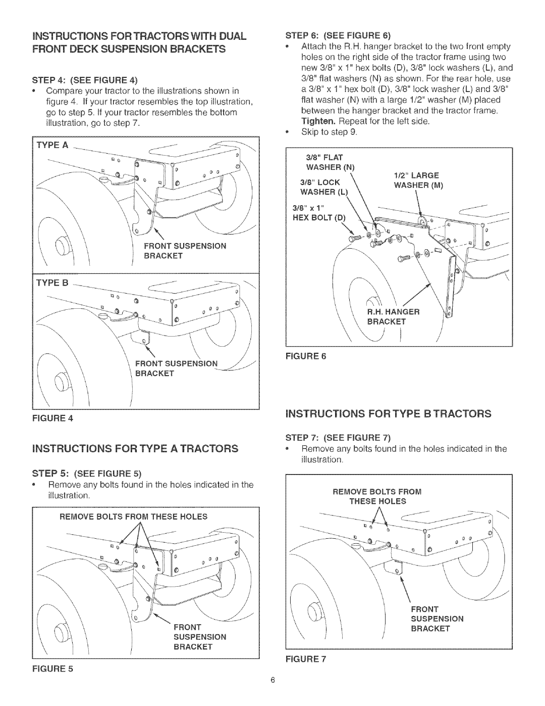 Craftsman 486.24441 INSTRUCTiONS for Type a Tractors, INSTRUCTiONS for Type B Tractors, Type a Front Suspension Bracket 