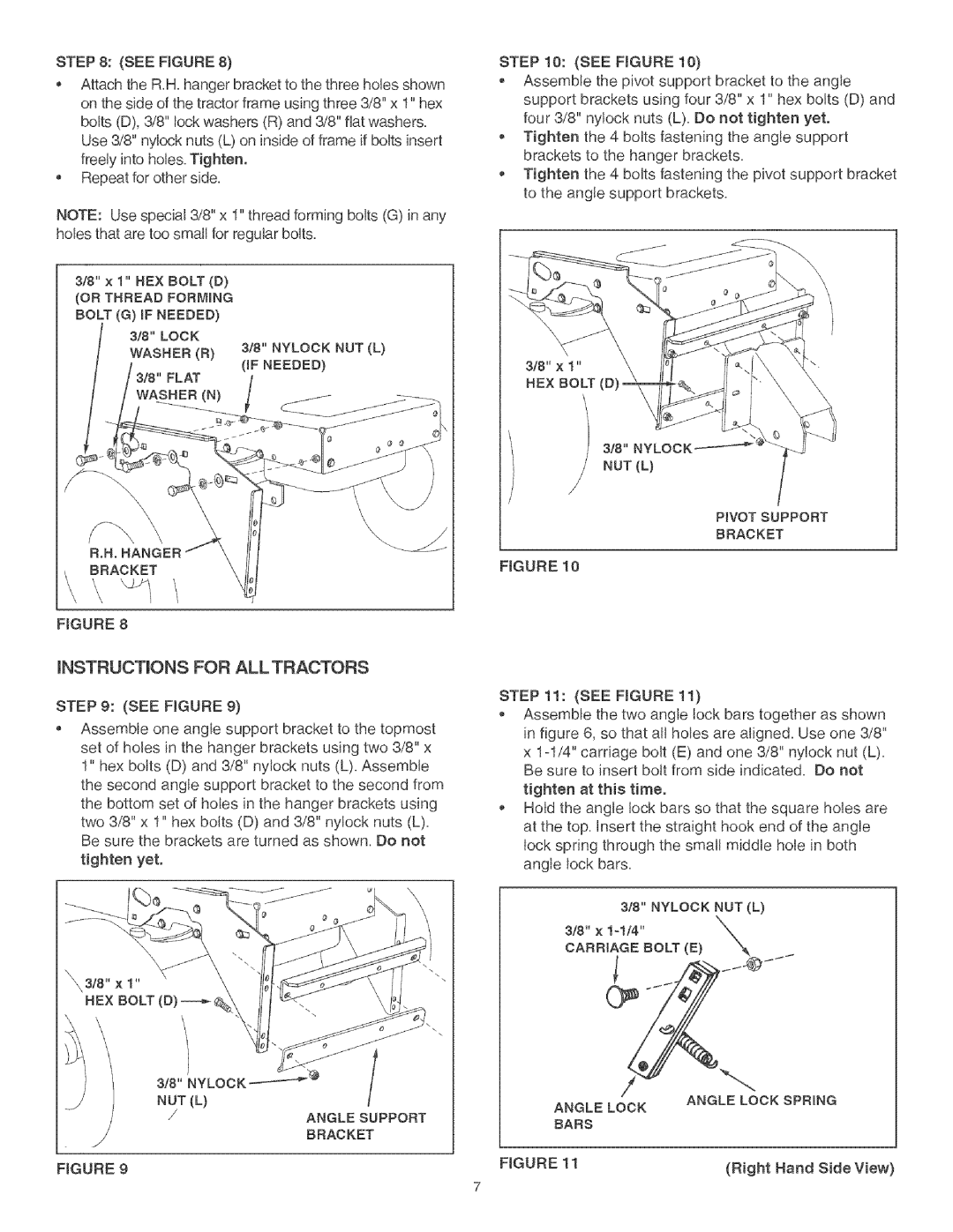 Craftsman 486.24441 operating instructions INSTRUCTiONS for Alltractors, Angle Support, Nylock NUT L, Carriage Bolt E 