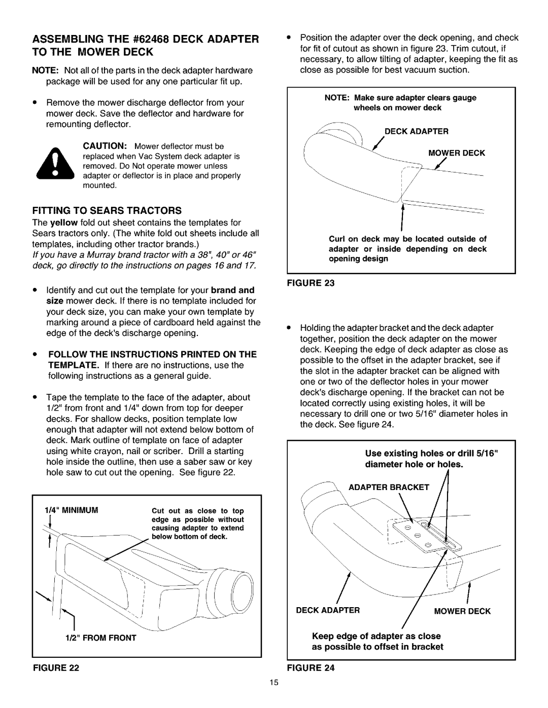 Craftsman 486.24504 operating instructions Assembling the #62468 Deck Adapter to the Mower Deck, Fitting to Sears Tractors 