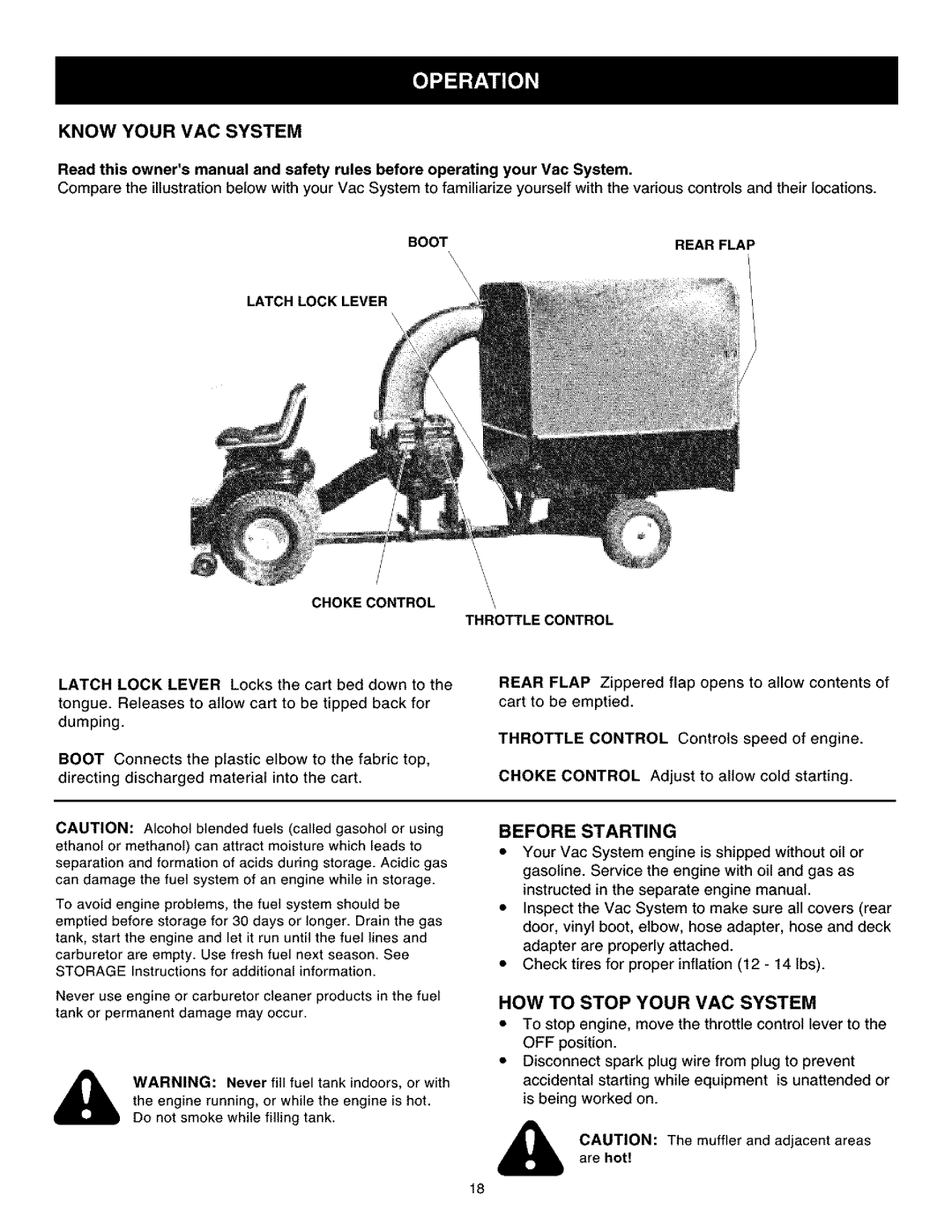 Craftsman 486.24504 Know Your VAC System, Boot, Latch Lock Lever, Before Starting, HOW to Stop Your VAC System 