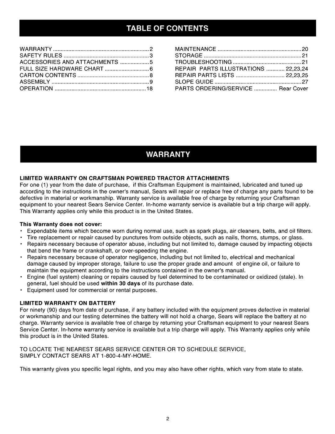 Craftsman 486.24504 Limited Warranty on Craftsman Powered Tractor Attachments, Limited Warranty on Battery 