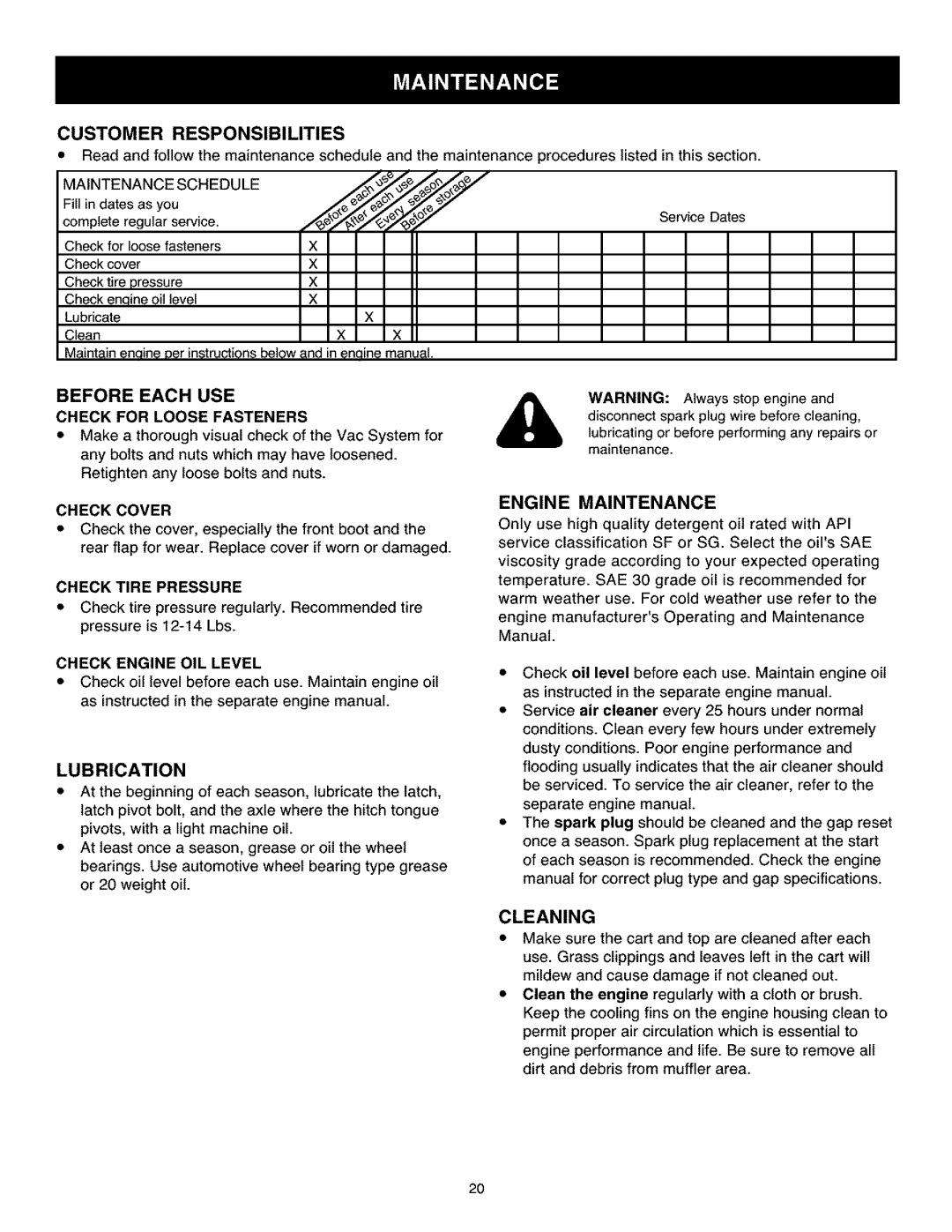 Craftsman 486.24504 Customer Responsibilities, Before Each USE Check for Loose Fasteners, Check Tire Pressure, Lubrication 