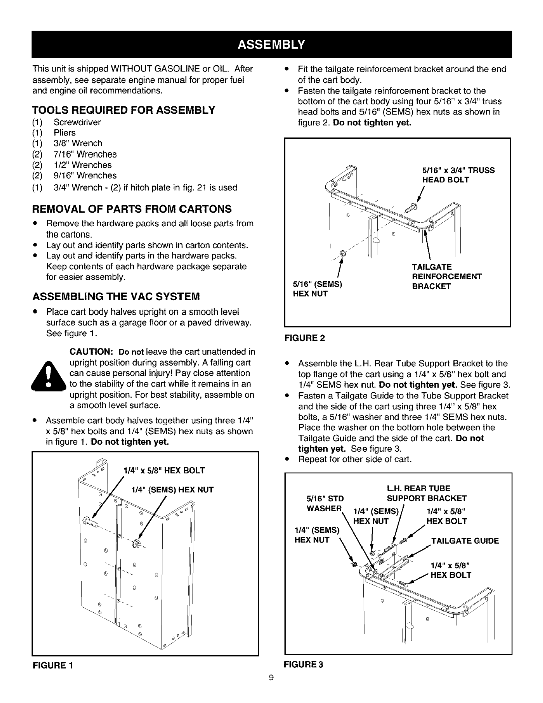 Craftsman 486.24504 operating instructions Tools Required for Assembly, Assembling the VAC System 