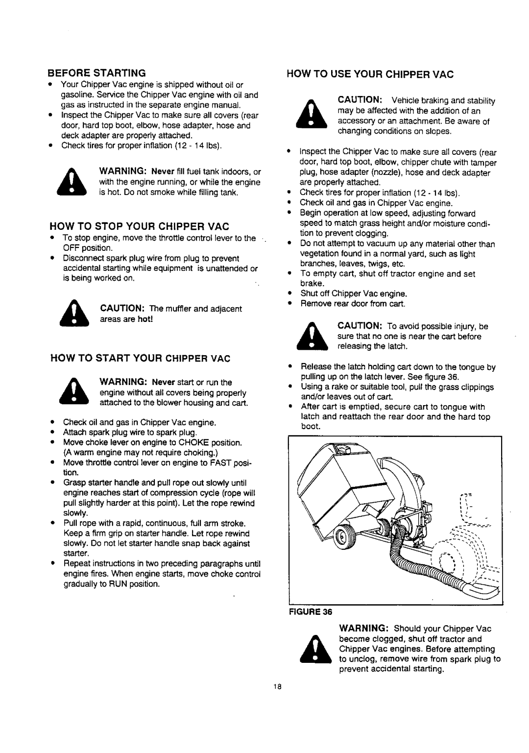 Craftsman 486.24515 owner manual Before Starting, HOW to Stop Your Chipper VAC, HOW to Start Your Chipper VAC 