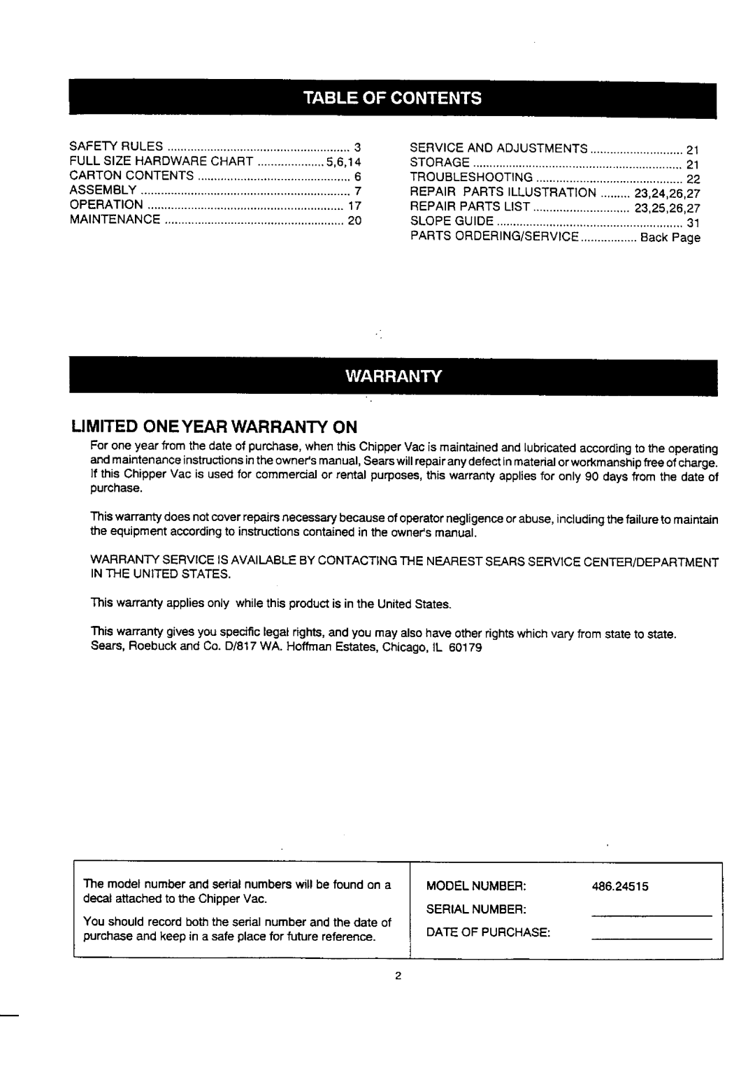 Craftsman 486.24515 owner manual Limited Oneyear Warranty on 