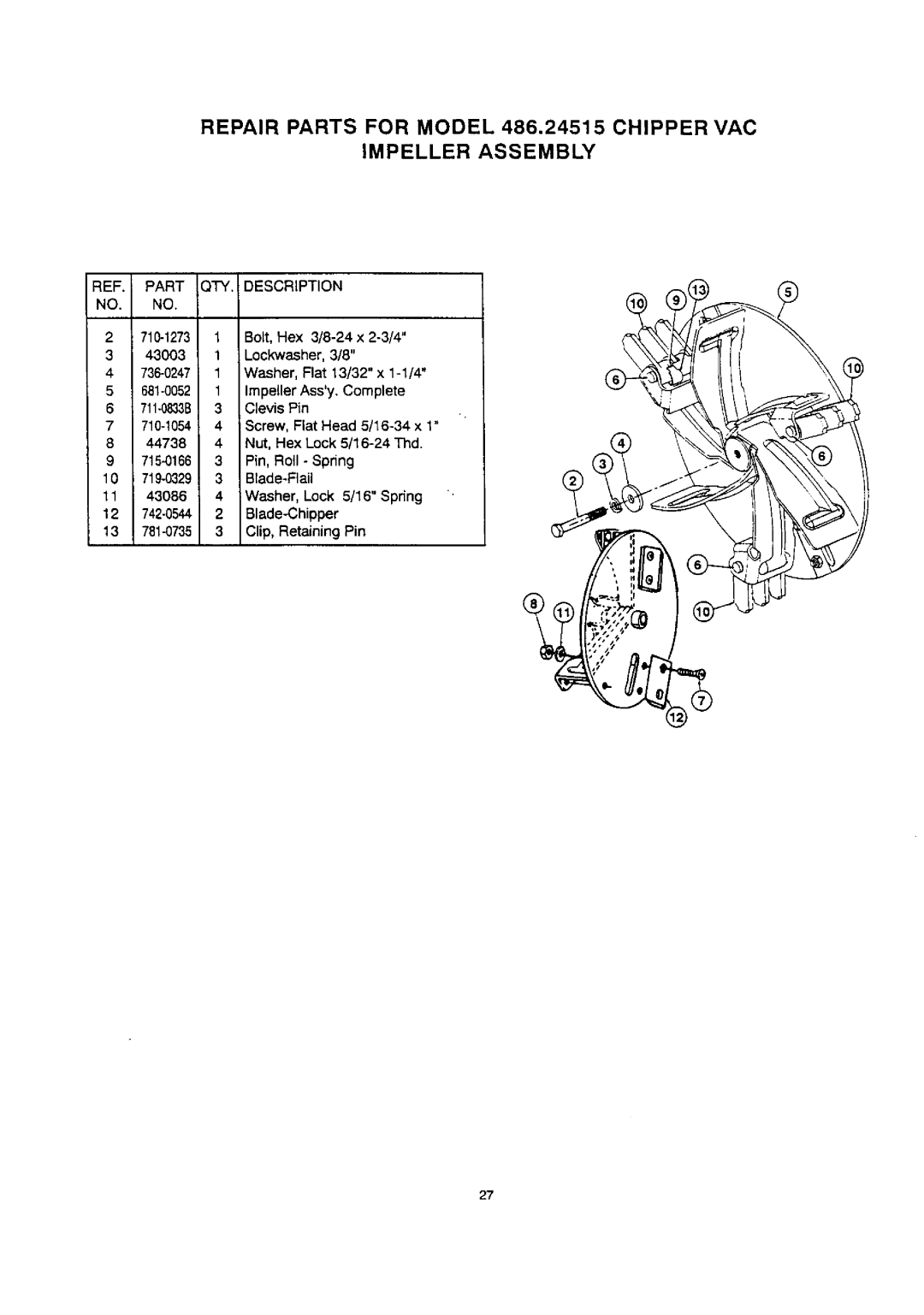 Craftsman 486.24515 owner manual Washer, Lock 5/16 Spring, Blade-Chipper, Clip, Retaining Pin 