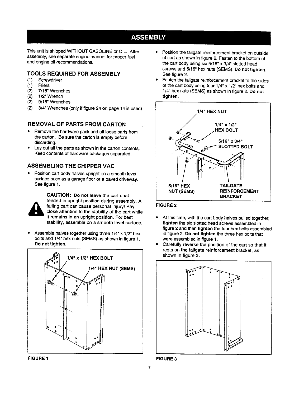 Craftsman 486.24515 Removal of Parts from Carton, Assembling the Chipper VAC, HEX NUT Sems, HEX Bolt, Sloi-Fedbolt 