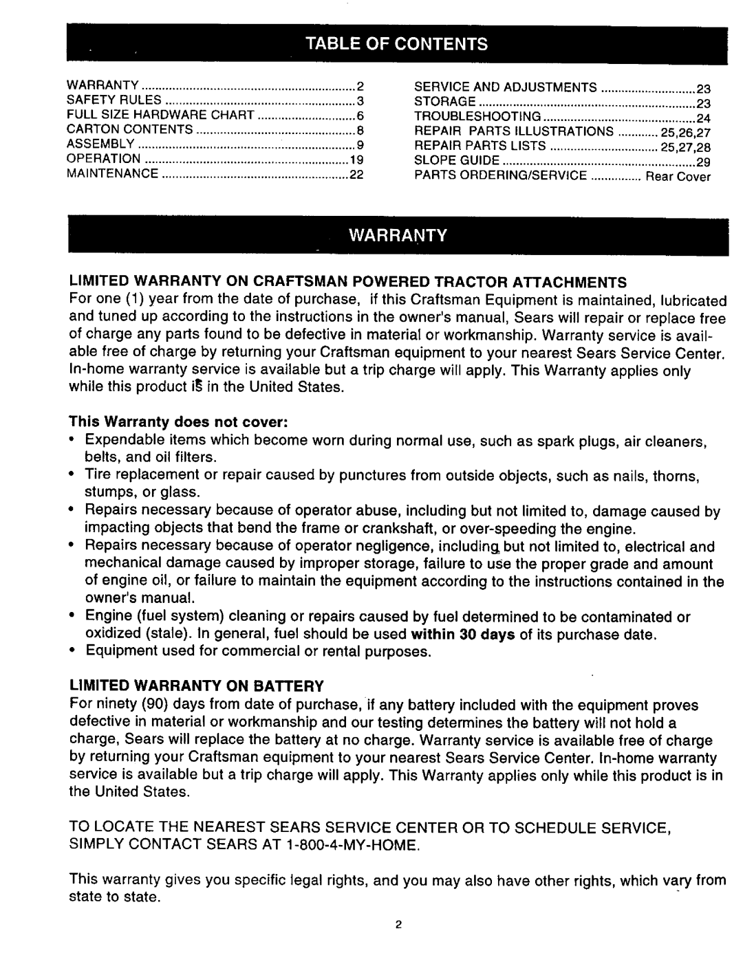 Craftsman 486.24516 manual Limited Warranty on Battery, Limited Warranty on Craftsman Powered Tractor Attachments 