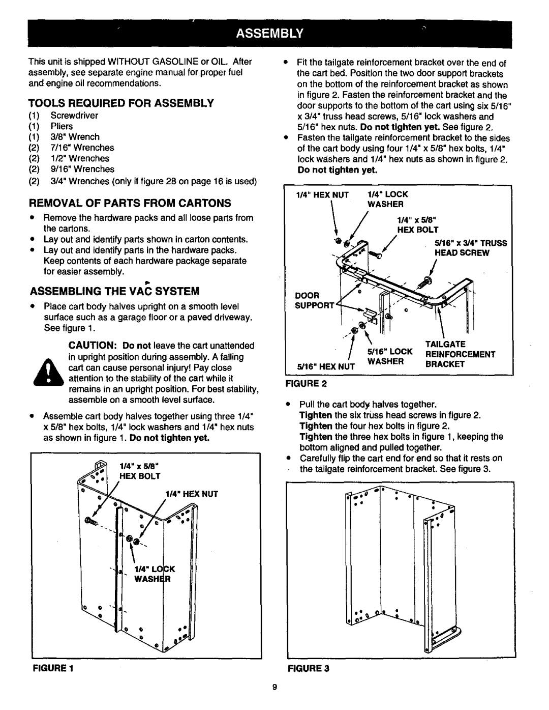 Craftsman 486.24516 manual Tools Required for Assembly, Removal of Parts from Cartons, Assembling the VAC System, HEX Bolt 