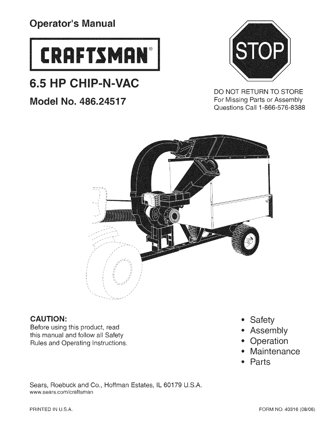 Craftsman 486.24517 manual Safety Assembly Operation Maintenance Parts, CRRFr$14RN, Hp Chip-N-Vac, Operators Manual 