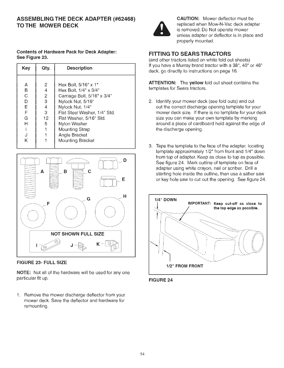 Craftsman 486.24517 manual ASSEMBLING THE DECK ADAPTER #62468, Tothe Mower Deck, FiTTiNG TO SEARS TRACTORS 