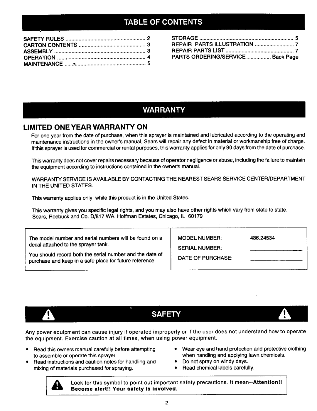 Craftsman 486.24534 owner manual Limited ONE Year Warranty on 