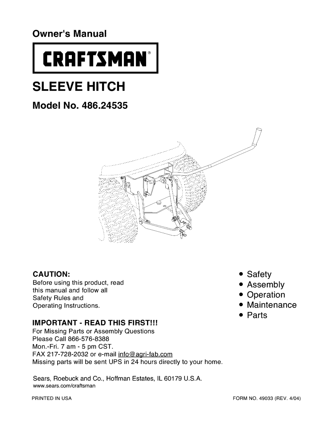 Craftsman 486.24535 owner manual Model No, Icrafisman+, Sleeve Hitch, Safety Assembly Operation Maintenance Parts 
