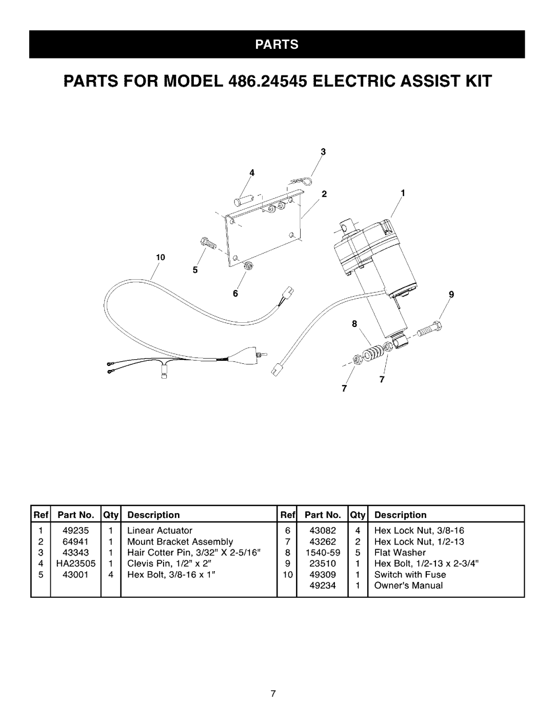 Craftsman 486.24545 owner manual Qty Description, Linear 