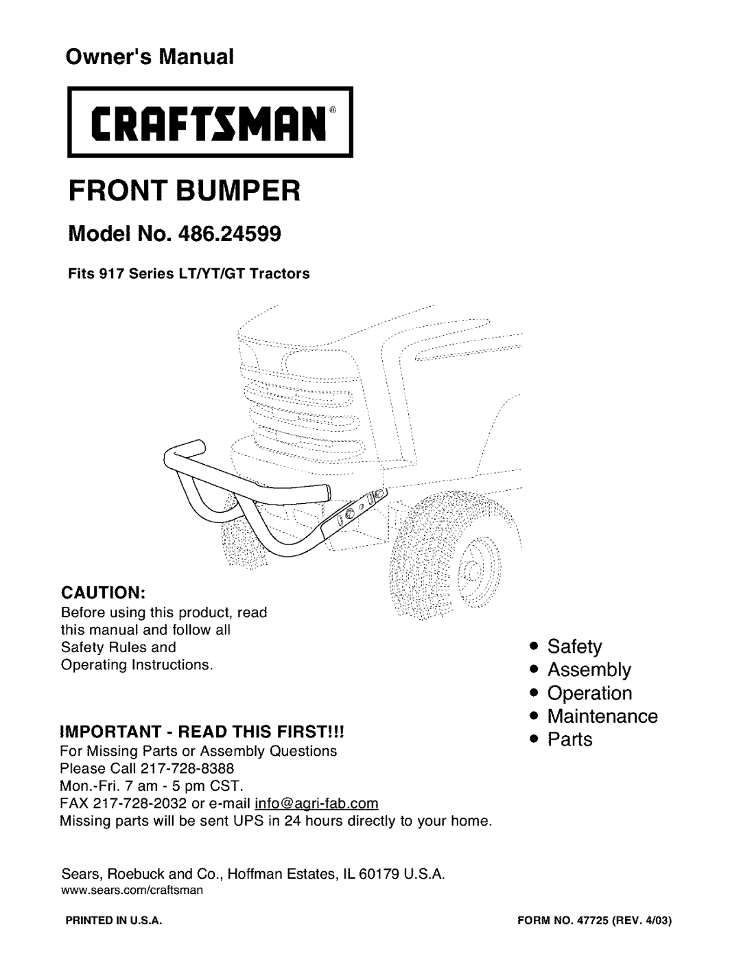 Craftsman 486.24599 owner manual Model No, Icri Iftshan, Front Bumper, Safety Assembly Operation Maintenance Parts 