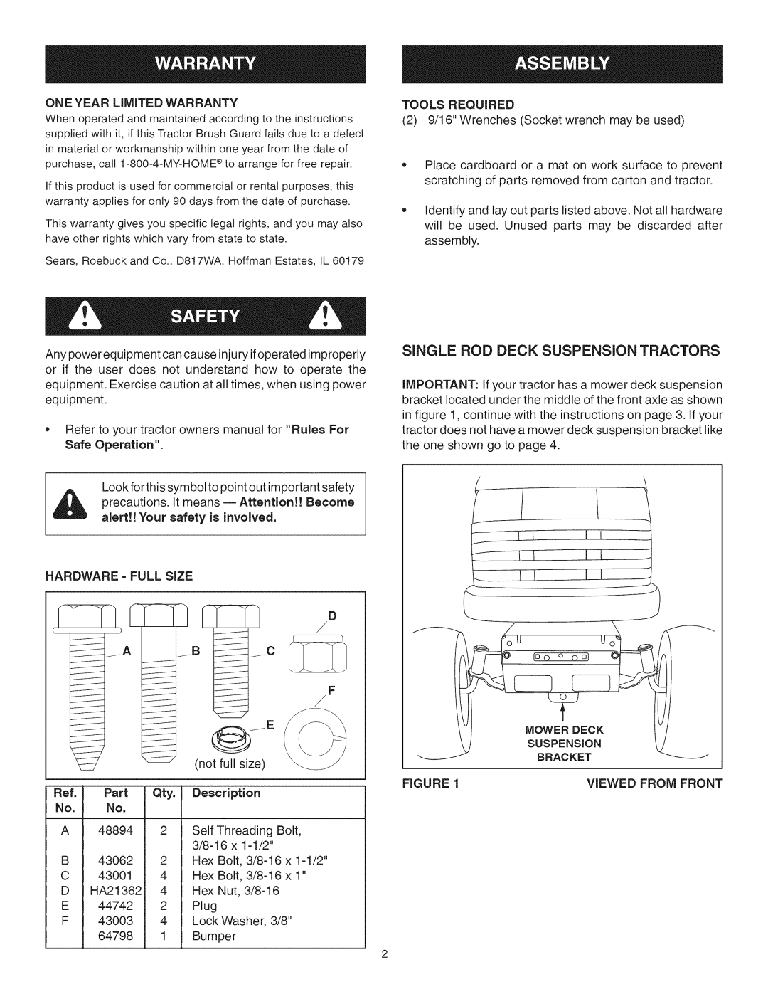 Craftsman 486.245992 manual Single ROD Deck Suspension Tractors, Oneyear Limited Warranty 