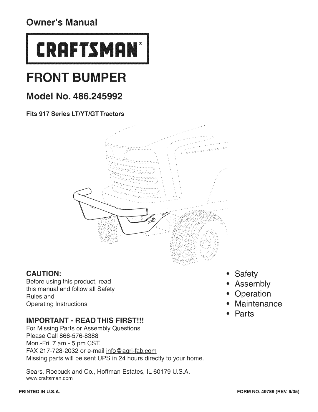 Craftsman 486.245992 manual Safety Assembly Operation Maintenance Parts, F Nt U Ie, Model No 