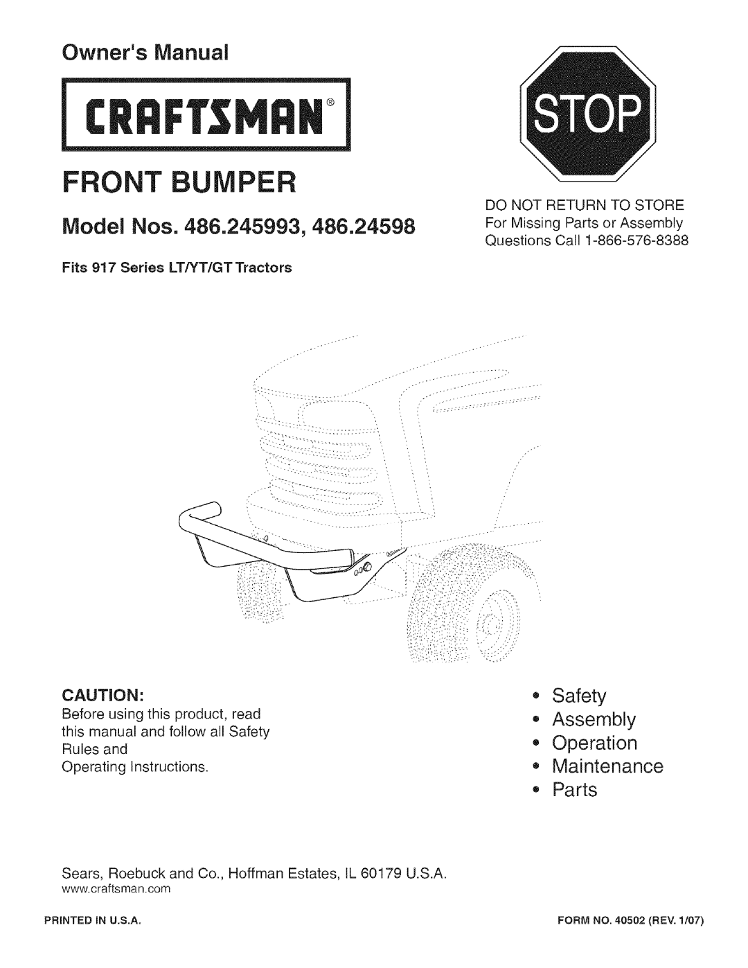 Craftsman 486.24598, 486.245993 owner manual CRRFr. NRN, Do not Return to Store 