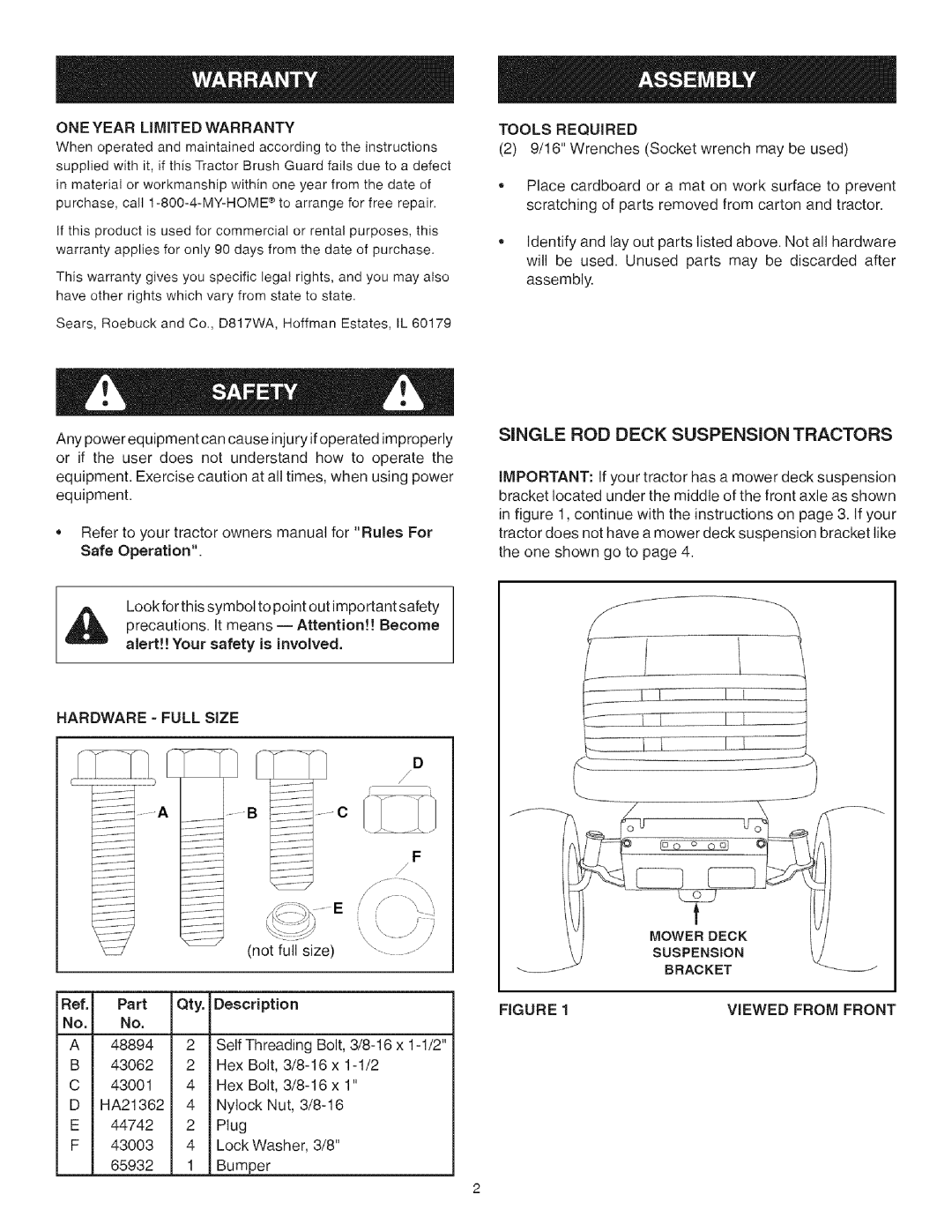 Craftsman 486.245993, 486.24598 owner manual Single ROD Deck Suspension Tractors, Oneyear Limited Warranty 