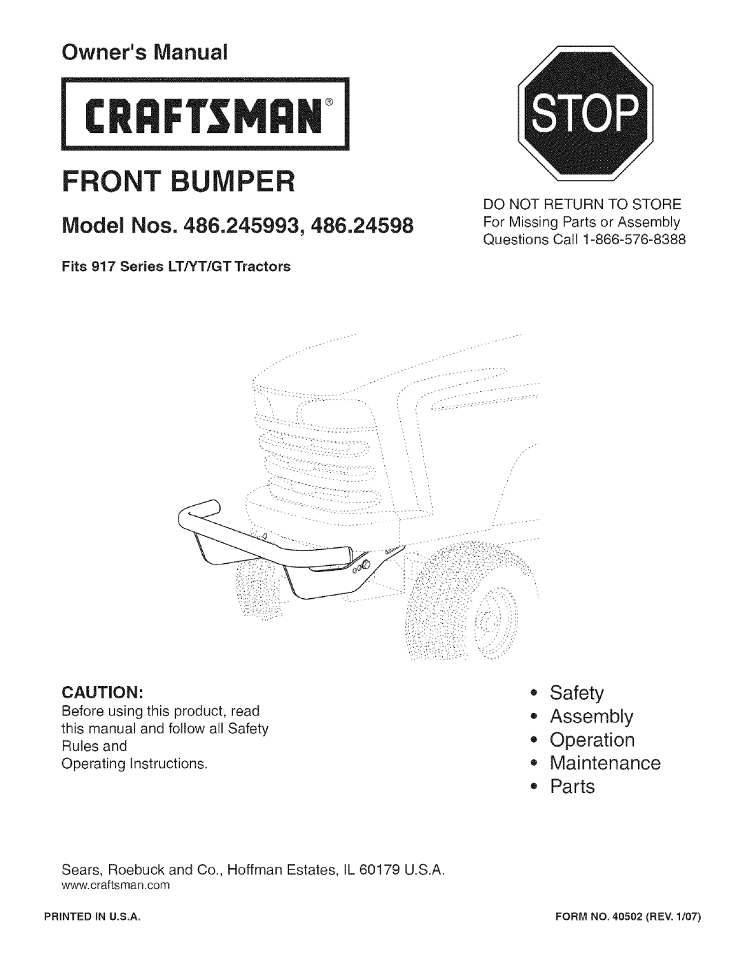 Craftsman 486.24598, 486.245993 owner manual Safety Assembly Operation Maintenance Parts, CRRFr. NRN, Front, Model Nos 