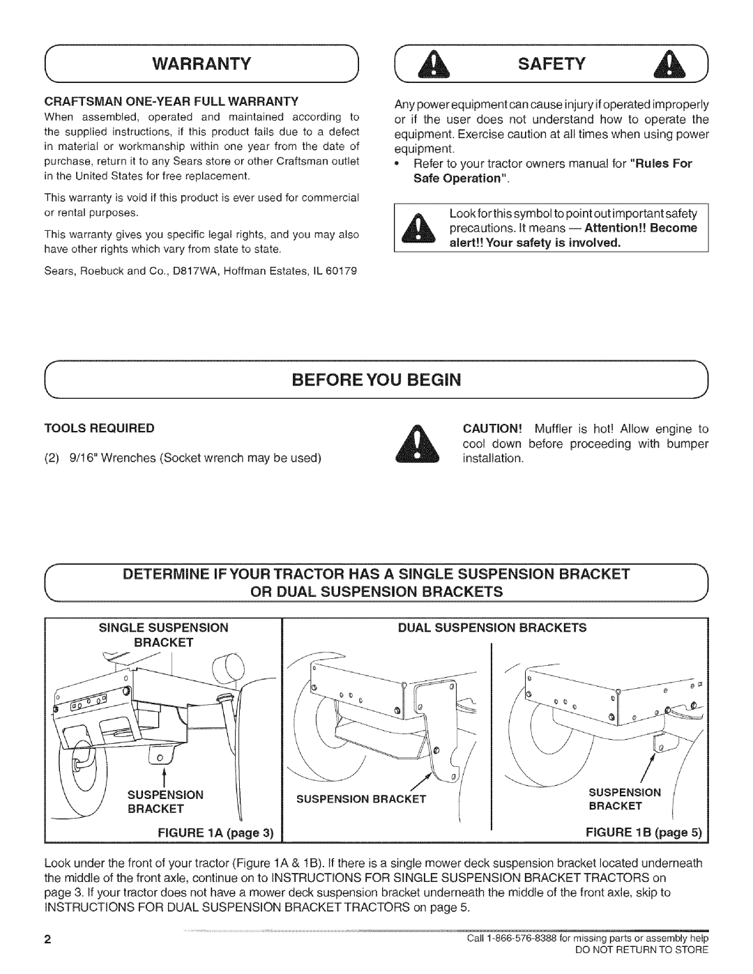 Craftsman 486.245994, 486.245981 Cwarranty, Before YOU Begin, Determine Ifyour Tractor has a Single Suspension Bracket 