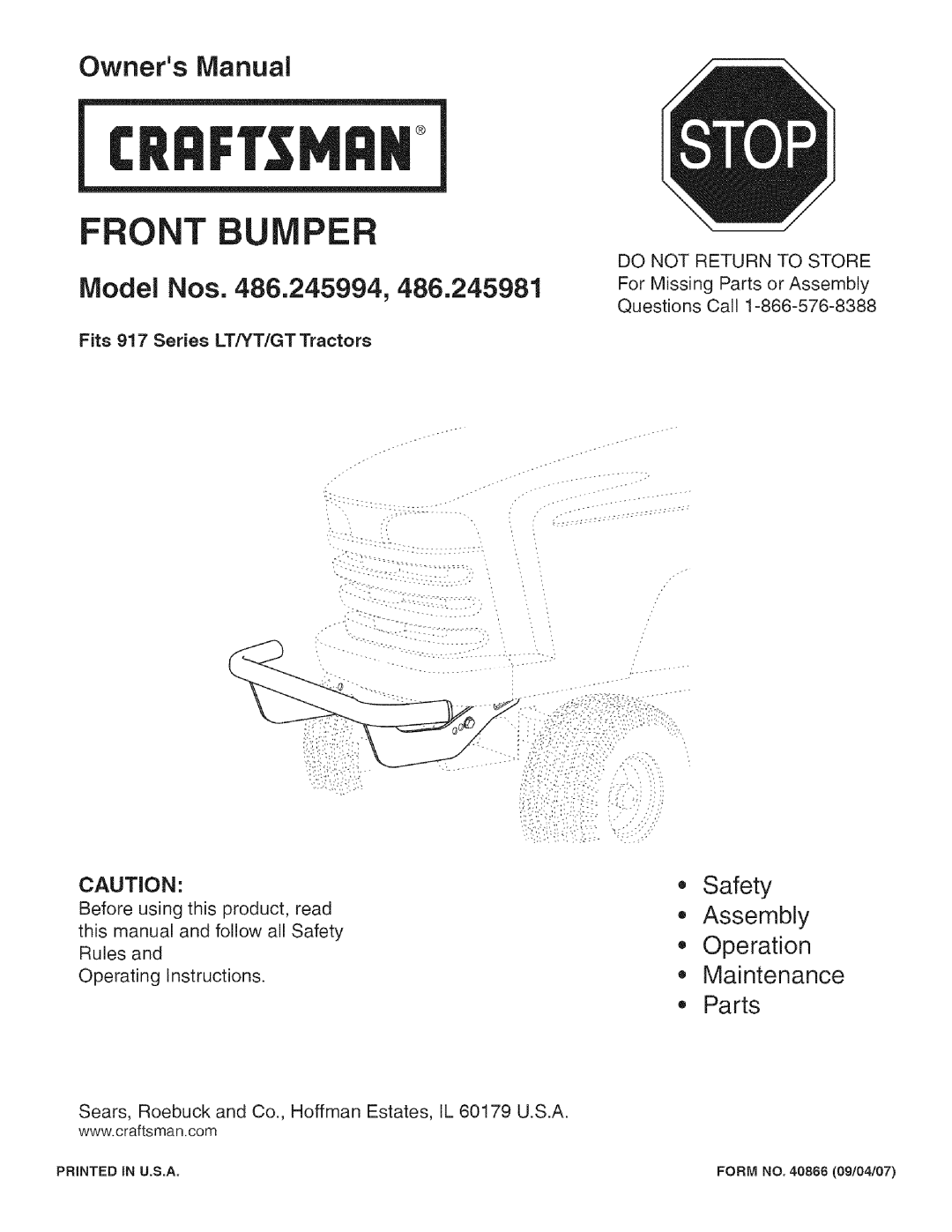 Craftsman 486.245981, 486.245994 owner manual Safety Assembly Operation Maintenance Parts, CRRFr. NRN, Front, Model Nos 