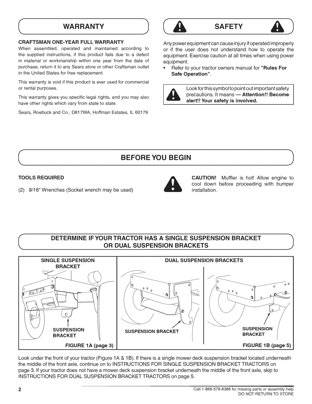 Craftsman 486.24608 manual Safety, Before YOU Begin, Suspension 