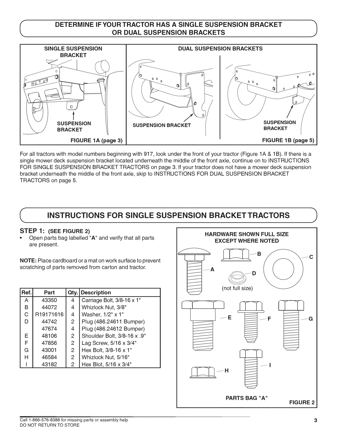 Craftsman 486.24611, 486.24612 manual Instructions for Single Suspension Bracket Tractors, Suspension Brackets 