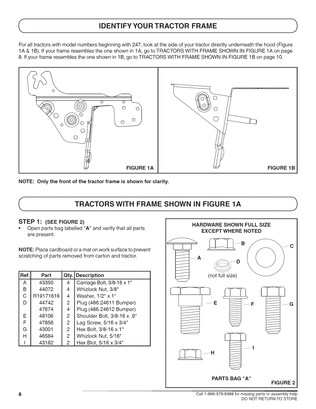 Craftsman 486.24612, 486.24611 manual Tractors WiTH Frame Shown iN a 