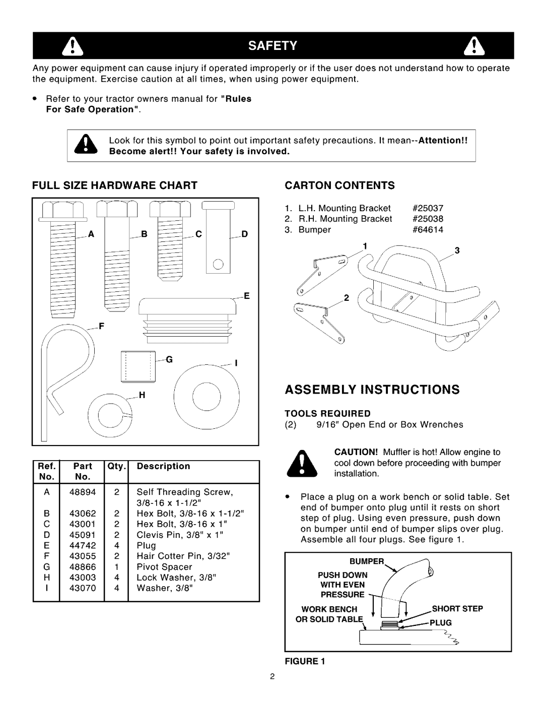 Craftsman 486.24621 owner manual Full Size Hardware Chart, Carton Contents 