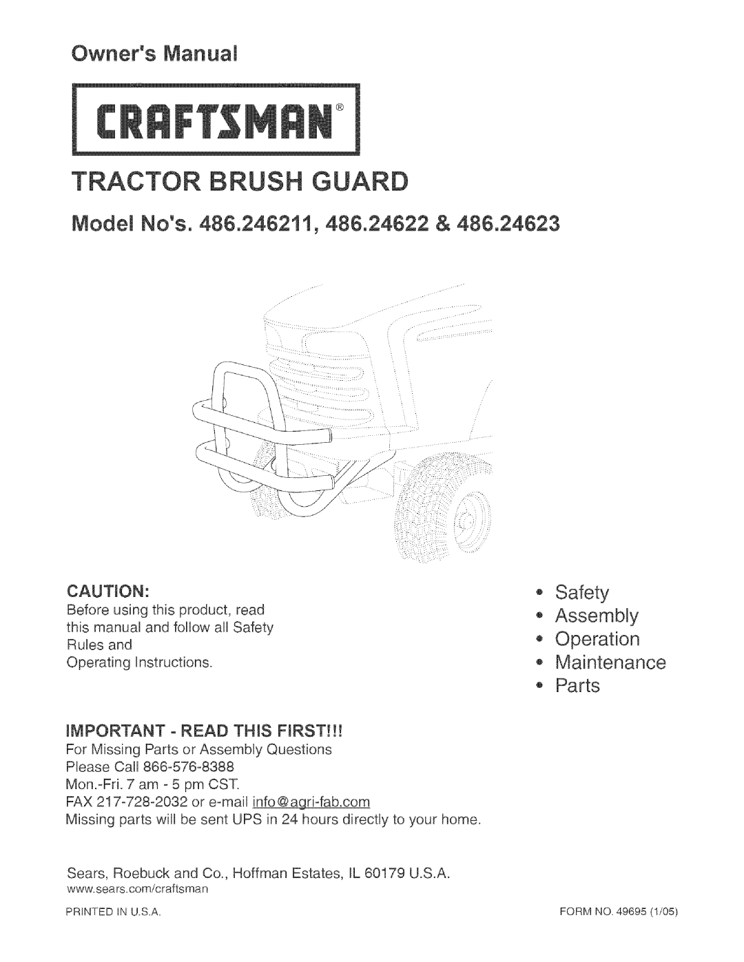 Craftsman 486.24622 owner manual ModeN Nos, Tractor Brush Guard, Safety, AssembLy, Operation, Maintenance, Parts 