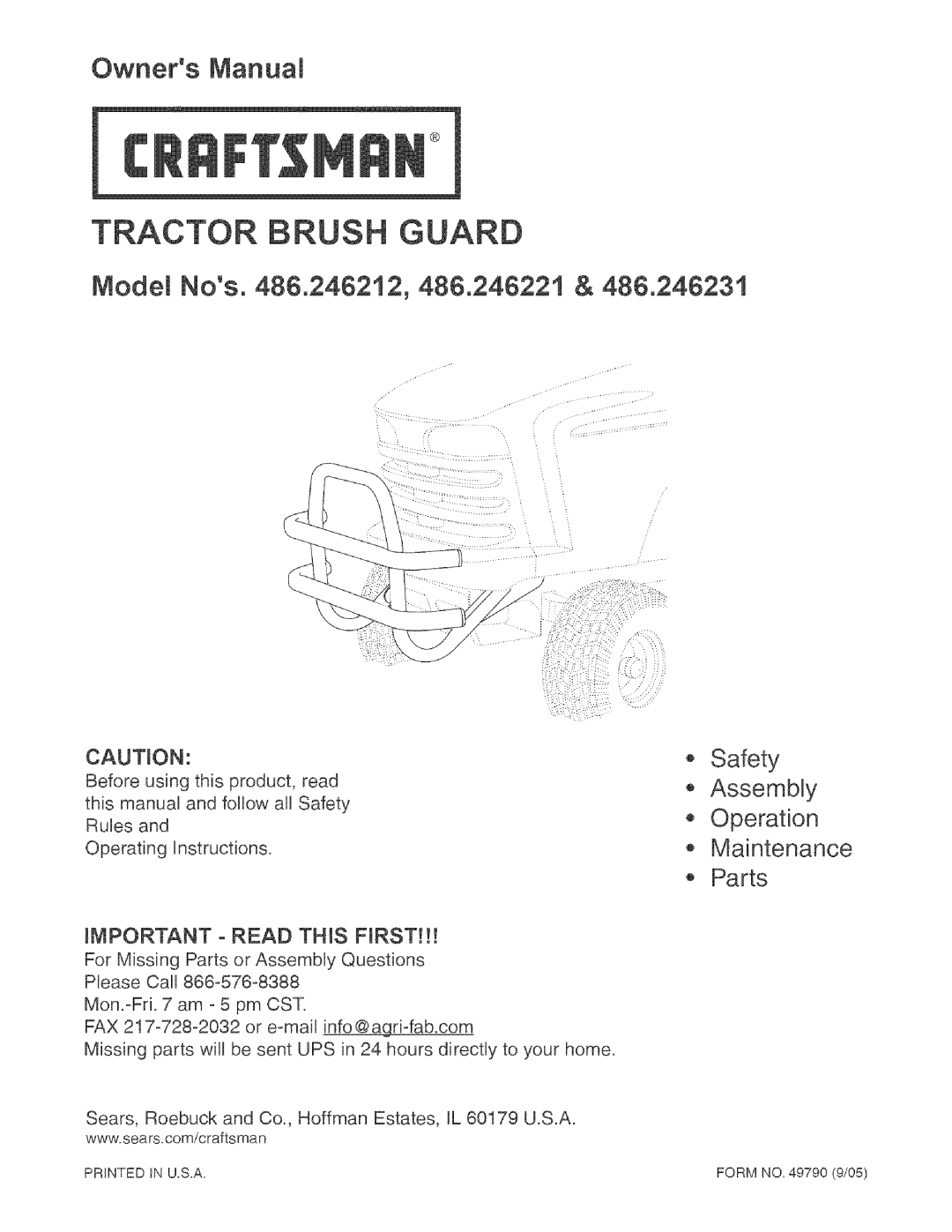 Craftsman 486.246212 owner manual Safety, Maintenance Parts, Sears, Roebuck and Co., Hoffman Estates, IL 60179 U.S.A 