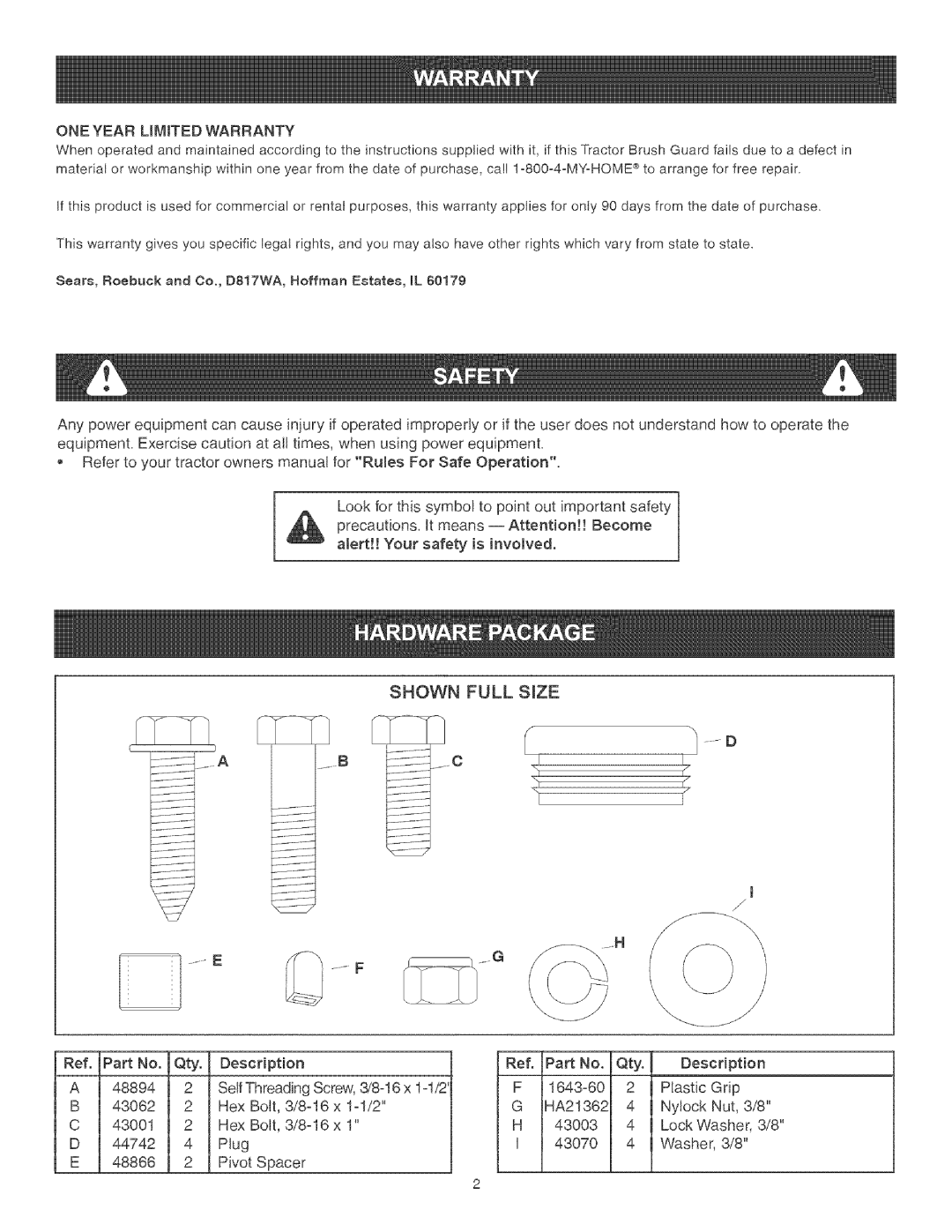 Craftsman 486.246231, 486.246221, 486.246212 owner manual Shown Full SiZE, ONE Year Umited Warranty 