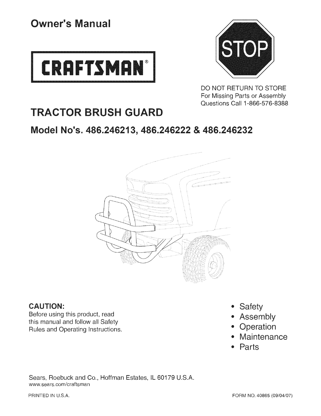 Craftsman 486.246213 owner manual Safety Assembly Operation Maintenance Parts, I RRFrSMRH, Tractor Brush Guard, Model Nos 