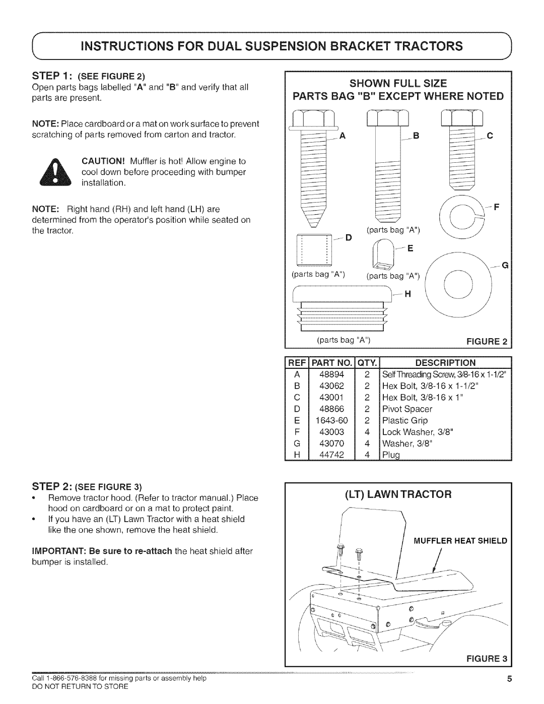 Craftsman 486.246232 Instructions For Dual Suspension Bracket Tractors, SHOWN FULL SiZE PARTS BAG B EXCEPT WHERE NOTED 