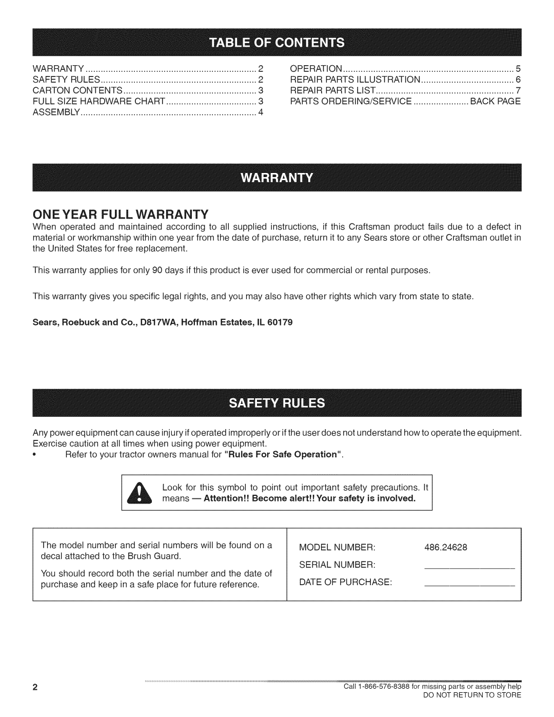Craftsman 486.24628 manual Warranty, Safety Rules, Carton Contents, Model Number, Serial Number Date of Purchase 