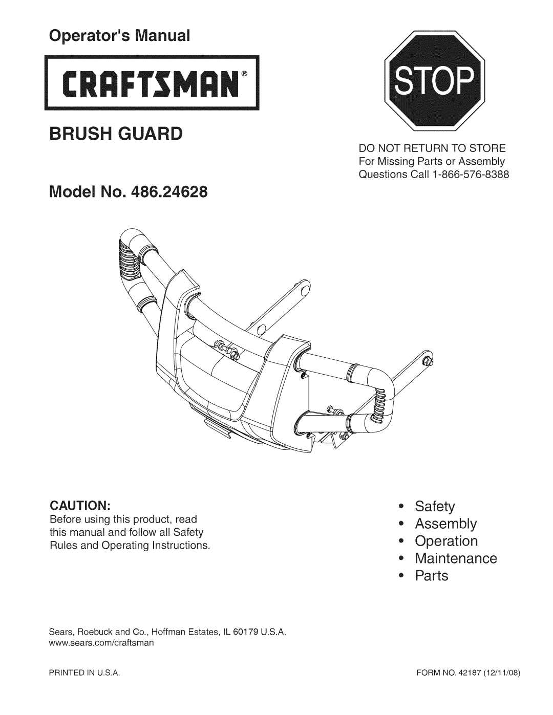 Craftsman 486.24628 manual Model No, Safety Assembly Operation Maintenance Parts, Brush Guard, Operators IVlanuai 