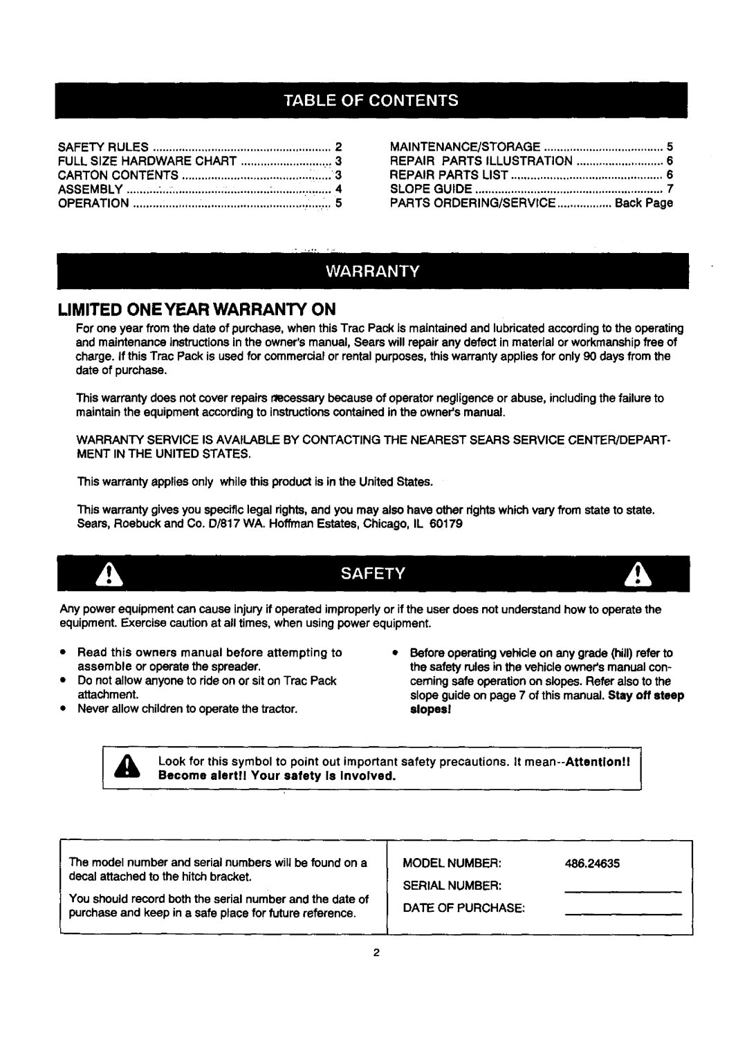 Craftsman 486.24635 owner manual Parts ORDERING/SERVICE, Model Number, Serial Number Date of Purchase 