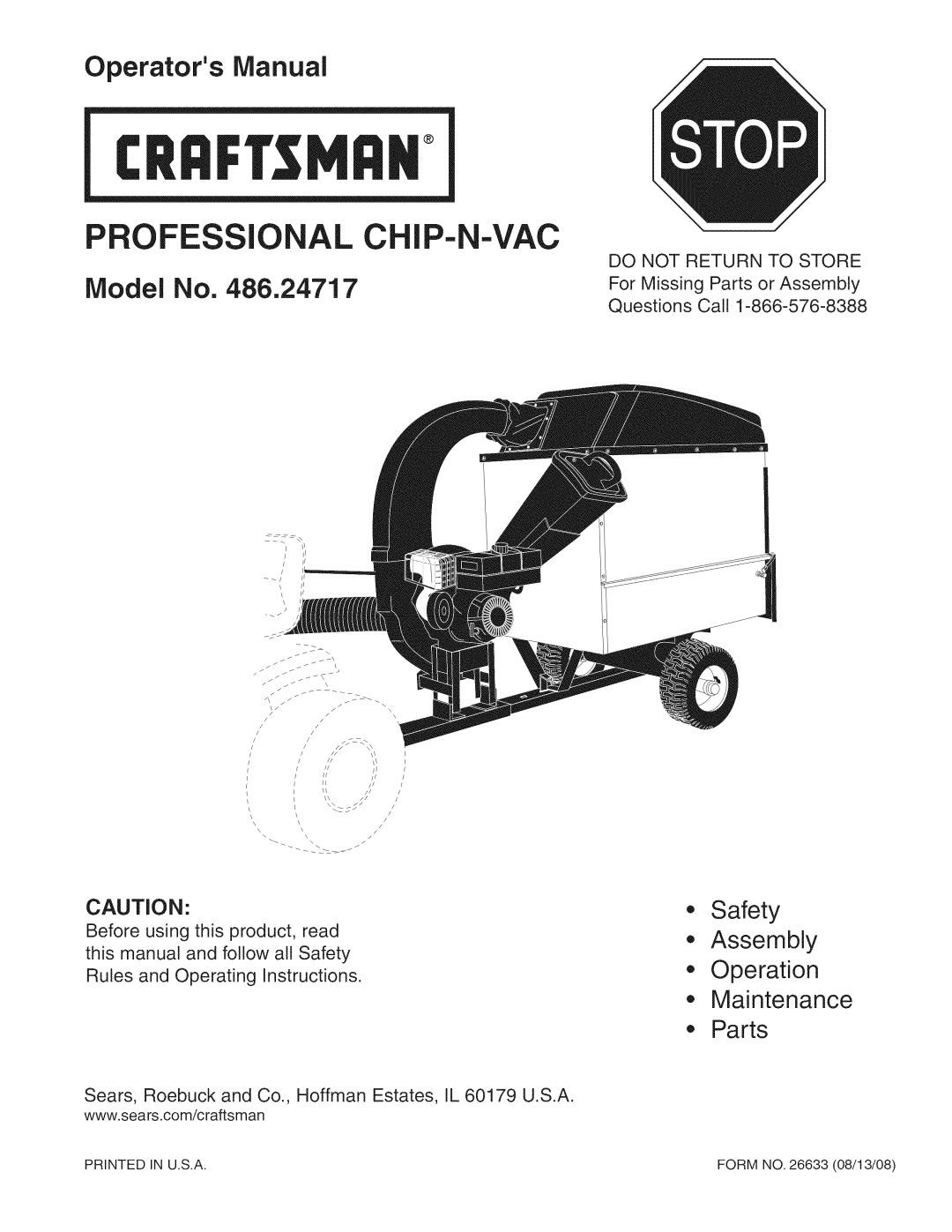 Craftsman 486.24717 manual CRnFTSMRH, Do not Return to Store 