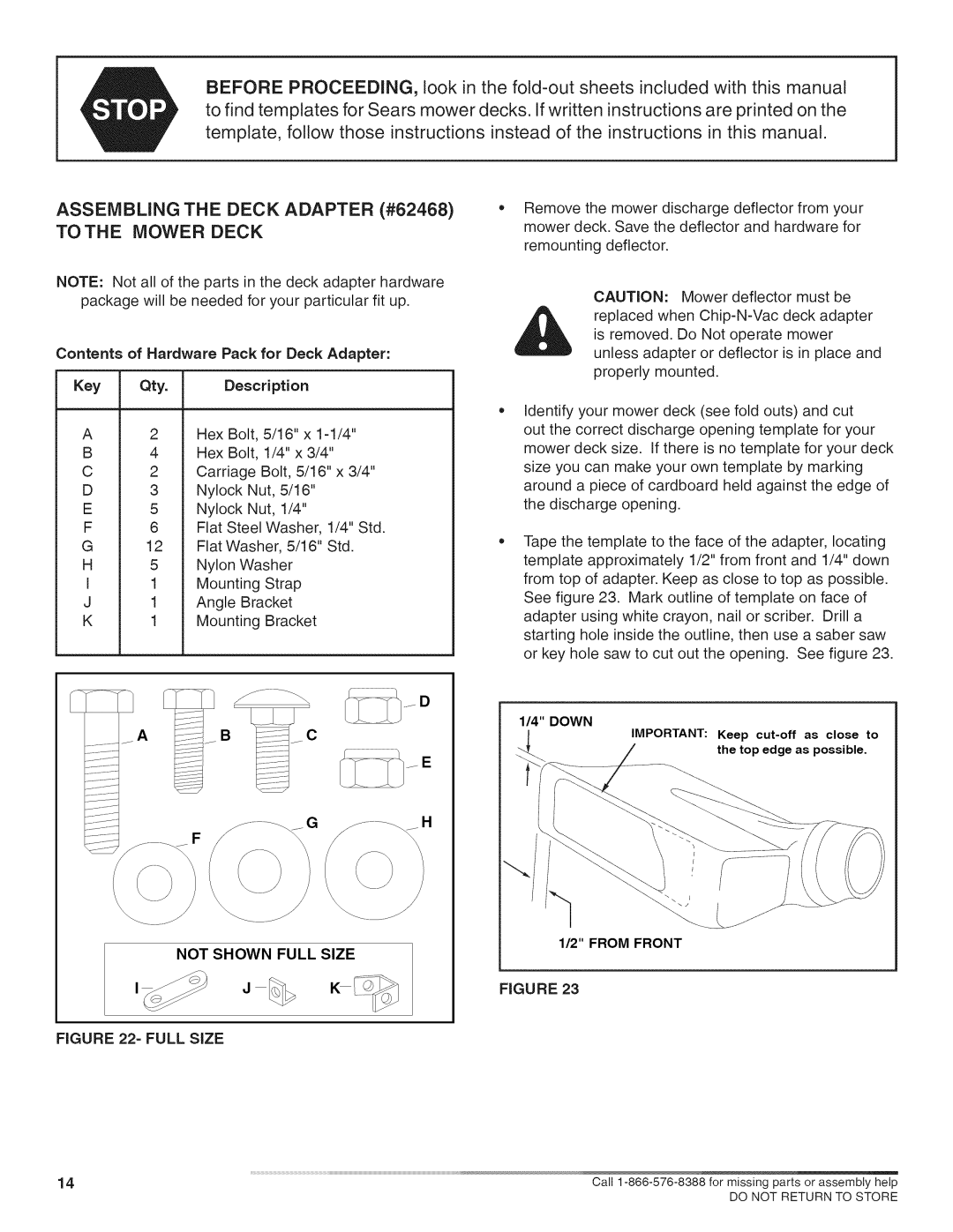 Craftsman 486.24717 manual Assembling the Deck Adapter #62468 Tothe Mower Deck, Contents of Hardware Pack for Deck Adapter 