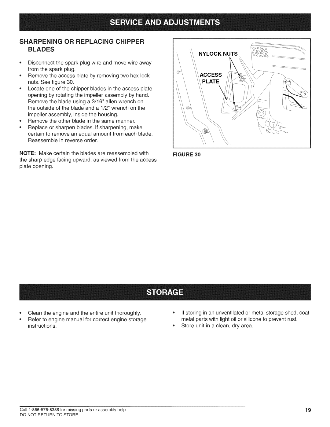 Craftsman 486.24717 manual Sharpening or Replacing Chipper Blades, Nylock Nuts Access Plate 