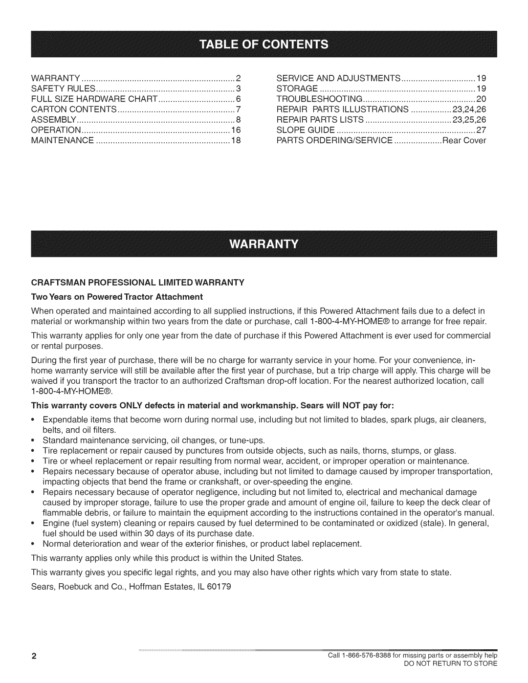 Craftsman 486.24717 Warranty, Safety Rules Storage Full Size Hardware Chart, Carton Contents Repair Parts Illustrations 