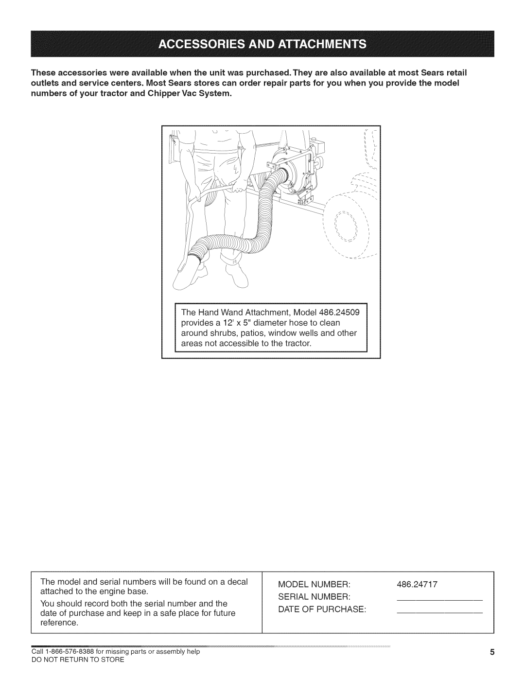 Craftsman 486.24717 manual Model Number, Serial Number Date of Purchase 