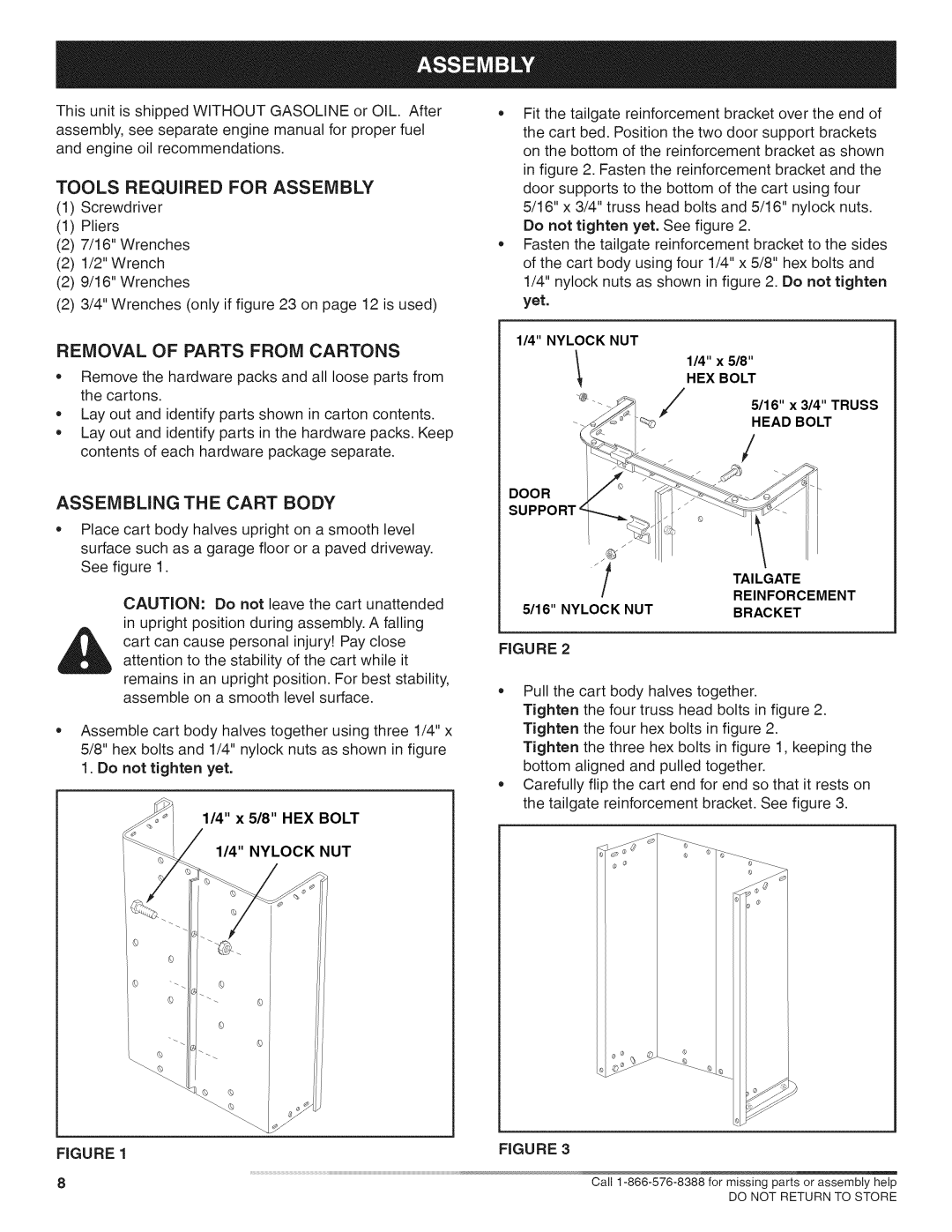 Craftsman 486.24717 manual Removal of Parts from Cartons, Assembling the Cart Body 