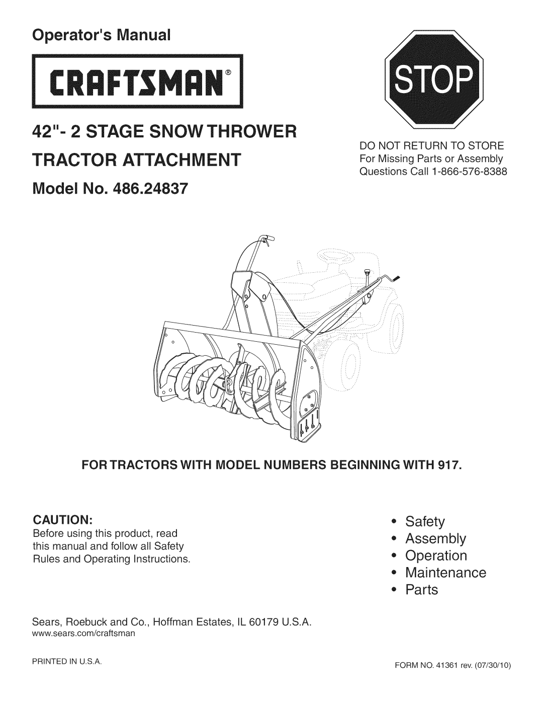 Craftsman 486.24837 manual Operators IVlanuai, IVlodei No, Safety, Assembly Operation Maintenance Parts, CRRFr. MgN 