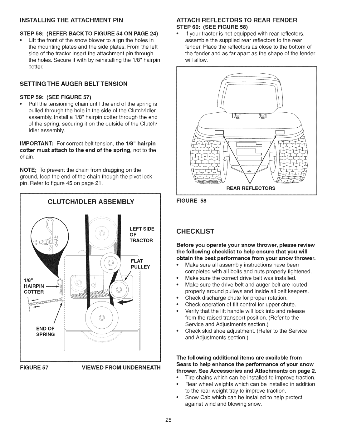 Craftsman 486.24837 manual Clutch/Idler Assembly, Checklist, Setting The Auger Belt Tension 